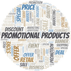 Promotional Products word cloud collage made with text only.