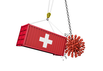 Coronavirus outbreak crashing into Switzerland cargo container. 3D Render