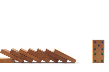 Social distancing concept wood domino toys on white background, . Domino effect. 8 dominos is...