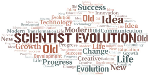 Scientist Evolution word cloud collage made with text only.