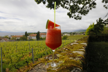 Watermelon cocktail with vineyard in the background