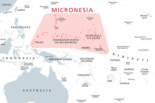 Micronesia, subregion of Oceania, political map. Composed of thousands of small islands in western Pacific Ocean next to Polynesia and Melanesia. English. Illustration on white background. Vector.
