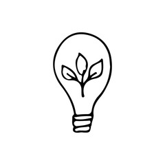 Doodle eco lamp illustration in vector. Hand drawn eco lam illustration. Doodle ecology illustration with lamp and leaves