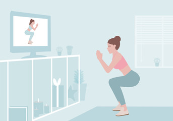 Fototapeta premium New normal concept. young woman doing exercises. Social isolating at home. People staying at home and maintaining their distance keep distance from each other to prevent from disease outbreak. 