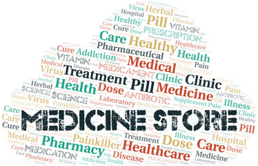 Medicine Store word cloud collage made with text only.