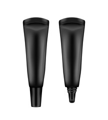 Realistic black lip glossy balm tube mockup isolated on white background - opened and closed. Plastic package design. Blank cosmetic and skin care template. 3d vector illustration