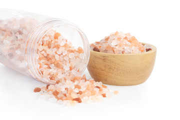 Fototapeta na wymiar Himalayan pink salt in plastic bottle isoleted on white background, healthy concept