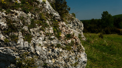 View of the Sokolich Mountains Reserve and rock stones in Olsztyn. A free space for an inscription