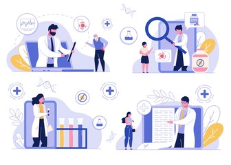 Online medical doctor advice consultation service. Healthcare, medicine, lab test. Telemedicine, internet technology. Old man, adult woman, little children ask therapist for help, disease diagnosis