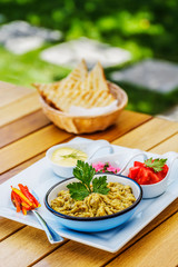 roasted and creamed eggplant aubergine with toast in the graden summer food