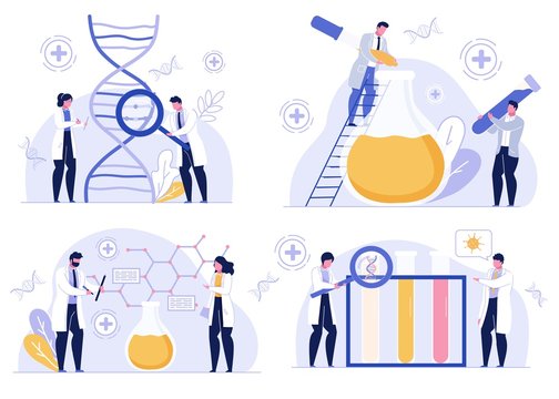Pharmaceutical industry. Scientist laboratory. Genetic analysis, dna test. Medication, vaccine, drug development. Virus flu infection, coronavirus disease, health problems research. Doctor set