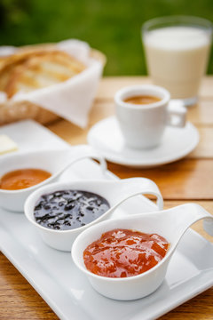 peach, blueberry, raspberry strawberry jam coffee espresso milk toast for breakfast