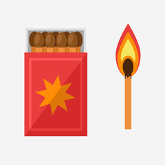 Cartoon matches flat vector illustration. Box of matches and burning match.