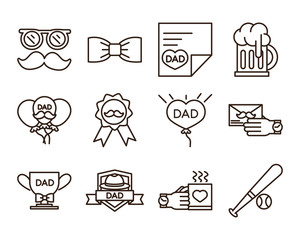 happy fathers day, celebration accessories message decoration party icon set line style icon