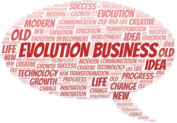 Evolution Business word cloud collage made with text only.