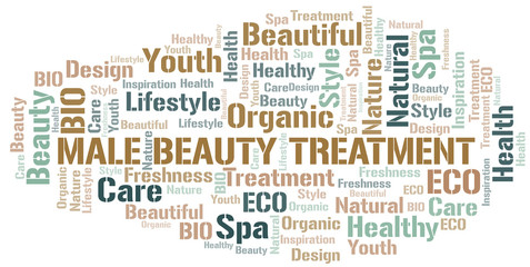 Male Beauty Treatment word cloud collage made with text only.
