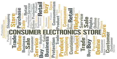 Consumer Electronics Store word cloud collage made with text only.