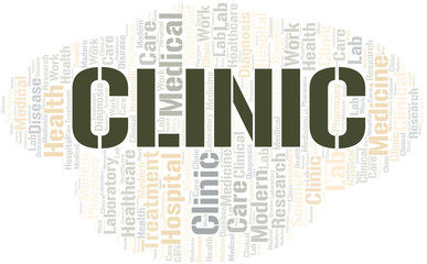 Clinic word cloud collage made with text only.