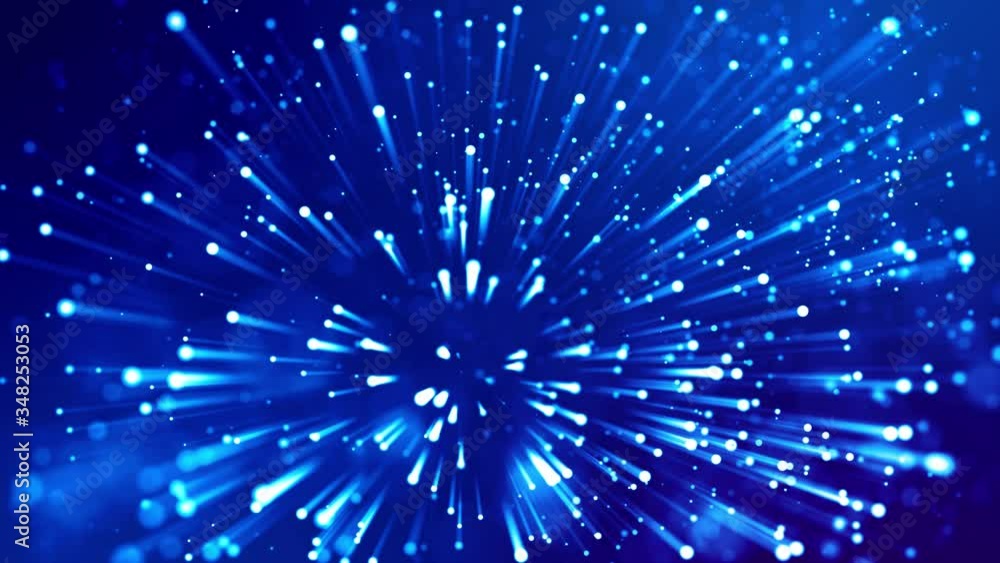 Poster blue shiny sparkling particles with light rays move in a viscous liquid. it is 4k 3d animation as mo