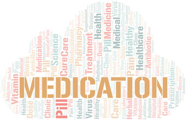 Medication word cloud collage made with text only.
