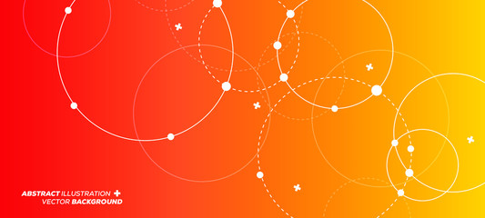 Abstract vector illustration with overlapping circles, dots and dashed circles. Science and connection concept. Wide molecule structure background.