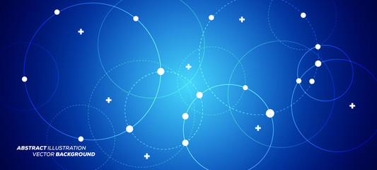 Abstract vector illustration with overlapping circles, dots and dashed circles. Science and connection concept. Wide molecule structure background. Can be used for web design, banner or presentation.