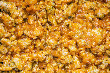 Bolognese stew in a pan, authentic recipe, close-up. preparation of minced meat, home-made food