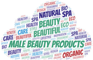 Male Beauty Products word cloud collage made with text only.