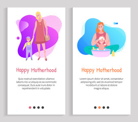 Mother caring, family leisure, parent bathing baby, mom holding kid, portrait view of mother and child, washing and walking, maternity vector. Website or slider app, landing page flat style