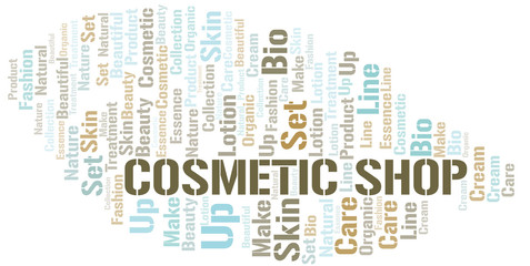 Cosmetic Shop word cloud collage made with text only.