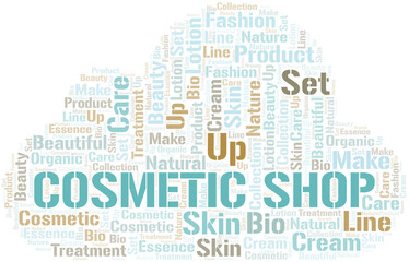 Cosmetic Shop word cloud collage made with text only.