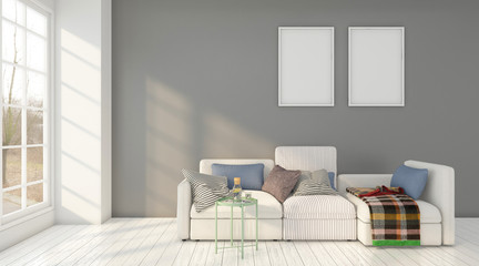 Minimal living room with sofa and side table , gray wall and picture frame. 3D rendering