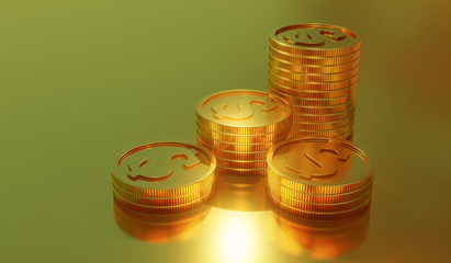 Gold coins isolated on gold background. 3d illustration