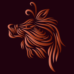 Abstract head of a predatory tribal wild fairytale Substance fantasy animal of red flowers on a brown background with graceful lines of a tattoo