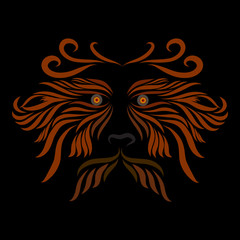 abstract shaggy head of a monster and bright piercing eyes of a tribal wild fairy tale creature fantasy animal of red flowers on a black background with graceful lines of a tattoo