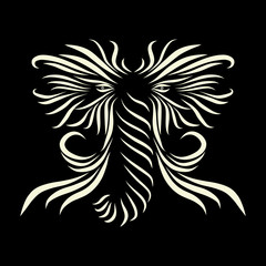 abstract shaggy head of a mammoth with tusks of a tribal wild fairy tale creature fantasy animal of white colors on a black background with graceful lines of a tattoo