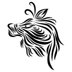 abstract shaggy face of a tribal wild fairy tale creature fantasy animal black on a white background with elegant tattoo lines