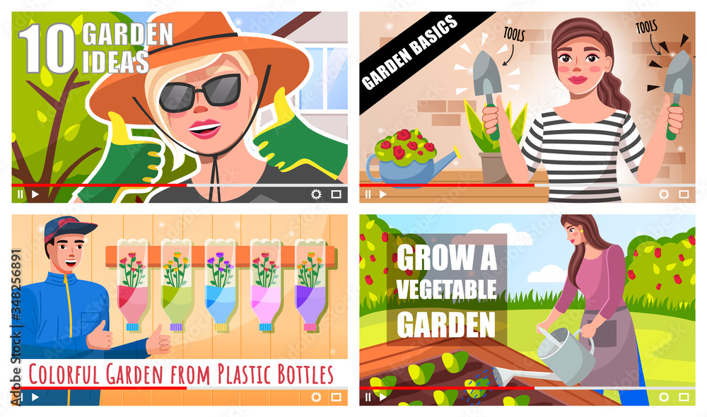 Aufkleber concept of video player interface. set of video tutorials with bloggers or content creators shooting