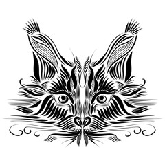 black muzzle of a predatory lynx of black color on a white background, graceful lines of a tattoo, piercing eyes