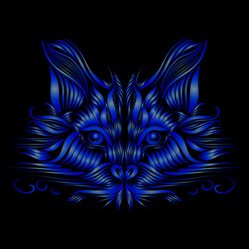 abstract muzzle of a predatory cat of blue color on a black background, graceful lines of a tattoo, piercing eyes