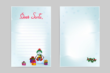 Christmas wish list. Front and back side. Inscription: Dear Santa. A snowman with gifts and a sprig of Holly. Vector illustration in cartoon style.