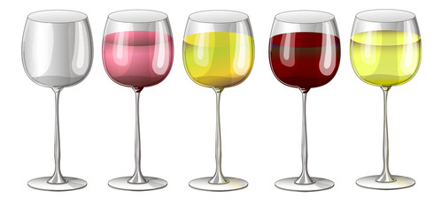 Stock vector illustration. Set of glasses - empty transparent, with red, pink and white wine. The illustration is drawn on a white background.