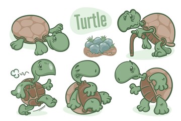 Set of cartoon drawing of turtles. Sea life illustration. Vector.