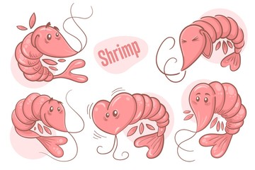 Set of hand drawn cartoon shrimps. Sea life illustration. Vector.
