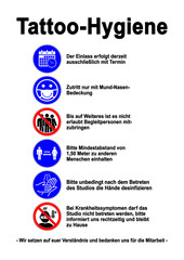 ds208 DiskretionSchild - Tattoo Hygiene Set Icons: Zutritt nur mit Maske. - Mindestabstand 1,50 Meter. - Hände desinfizieren. - Termin. - Begleitperson. - Poster / Druckvorlage DIN A2 A3 A4 g9620