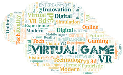 Virtual Game word cloud collage made with text only.