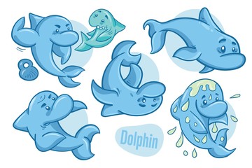 Set of hand drawn cartoon dolphins. Sea life illustration. Vector.