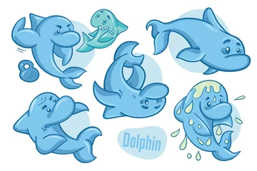 Foto auf Alu-Dibond Set of hand drawn cartoon dolphins. Sea life illustration. Vector. © GrumJum