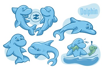 Set of hand drawn cartoon dolphins. Sea life illustration. Vector.