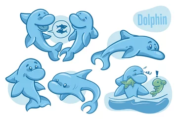 Fototapeten Set von handgezeichneten Cartoon-Delfinen. Illustration des Meereslebens. Vektor. © GrumJum